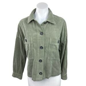 Zara Green Corduroy Long Sleeve Collared Button Up Shirt Shacket Jacket Top XS